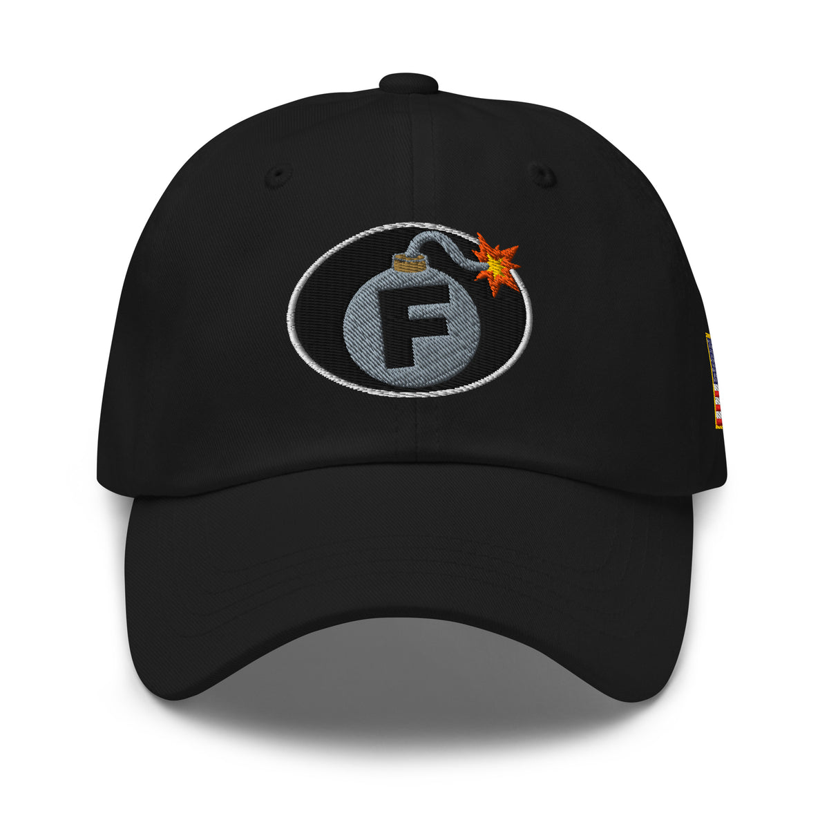 Black low-profile dad hat with embroidered F-Bomb front design, front view