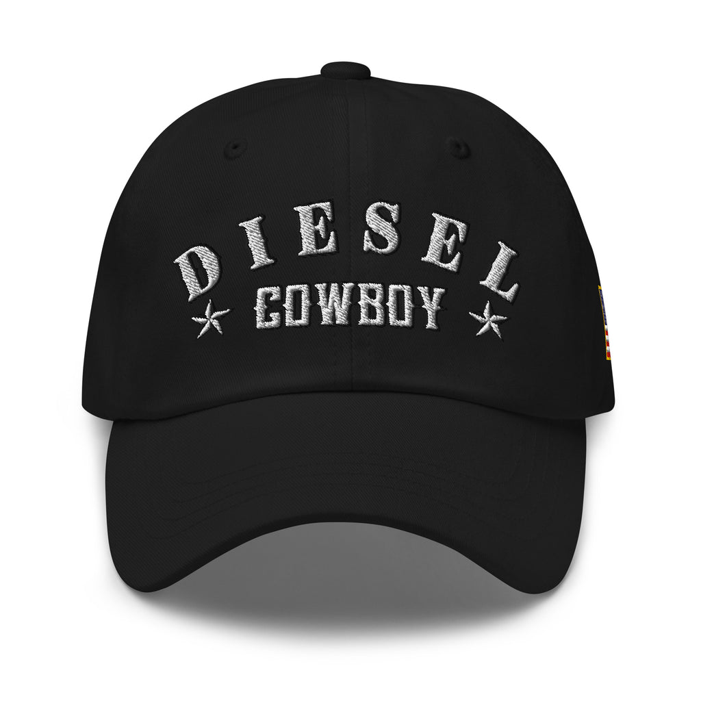 Black low-profile dad hat with embroidered Diesel Cowboy front design, front view
