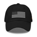 Black dad hat, front view with Black and White American Flag embroidery