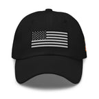 Black dad hat, front view with Black and White American Flag embroidery