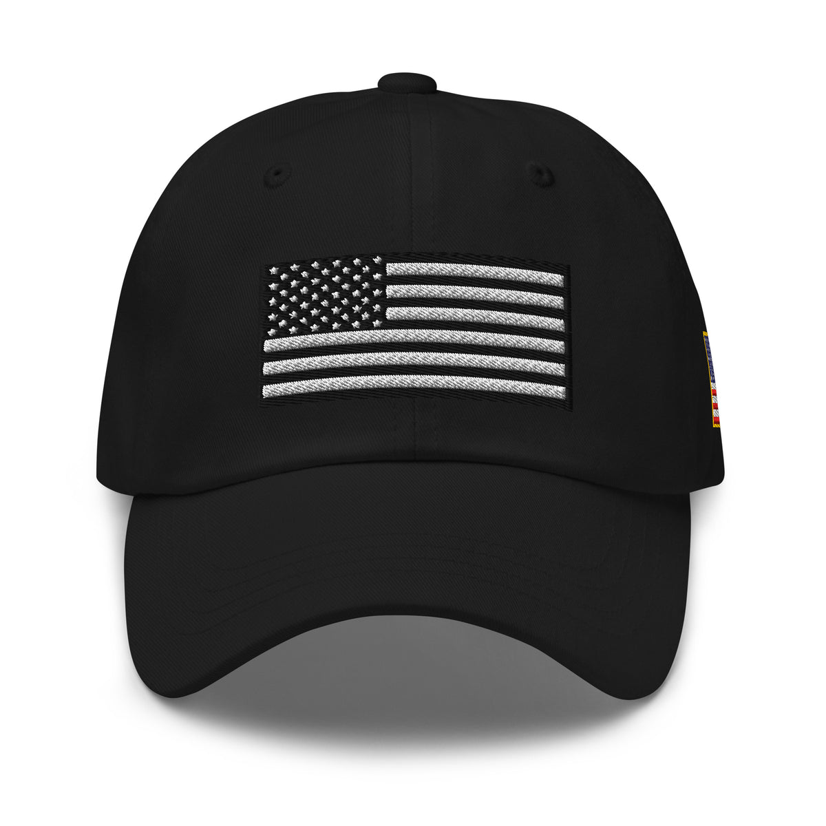 Black dad hat, front view with Black and White American Flag embroidery