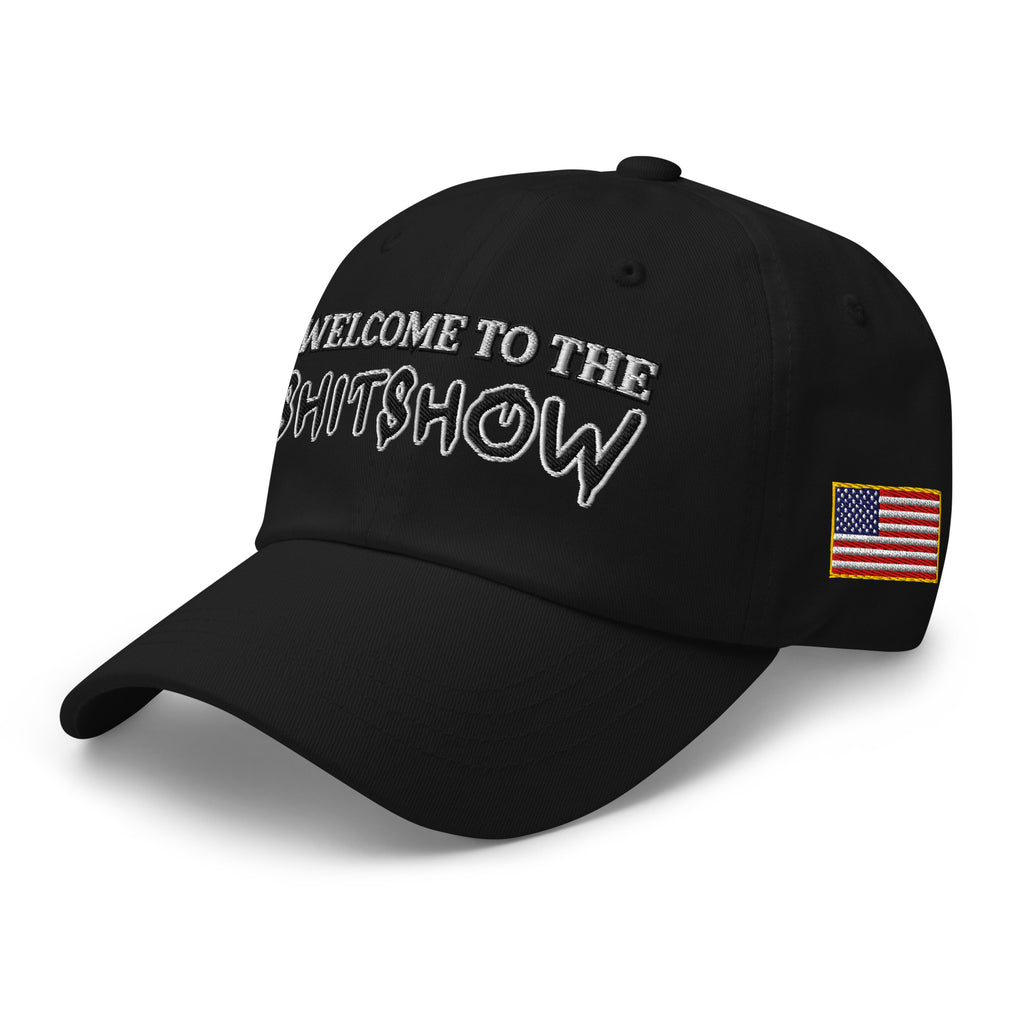 Welcome To The Shitshow Dad hat in Black, left front view