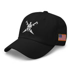 Black, dad hat, with embroidered Call to Arms, left front view