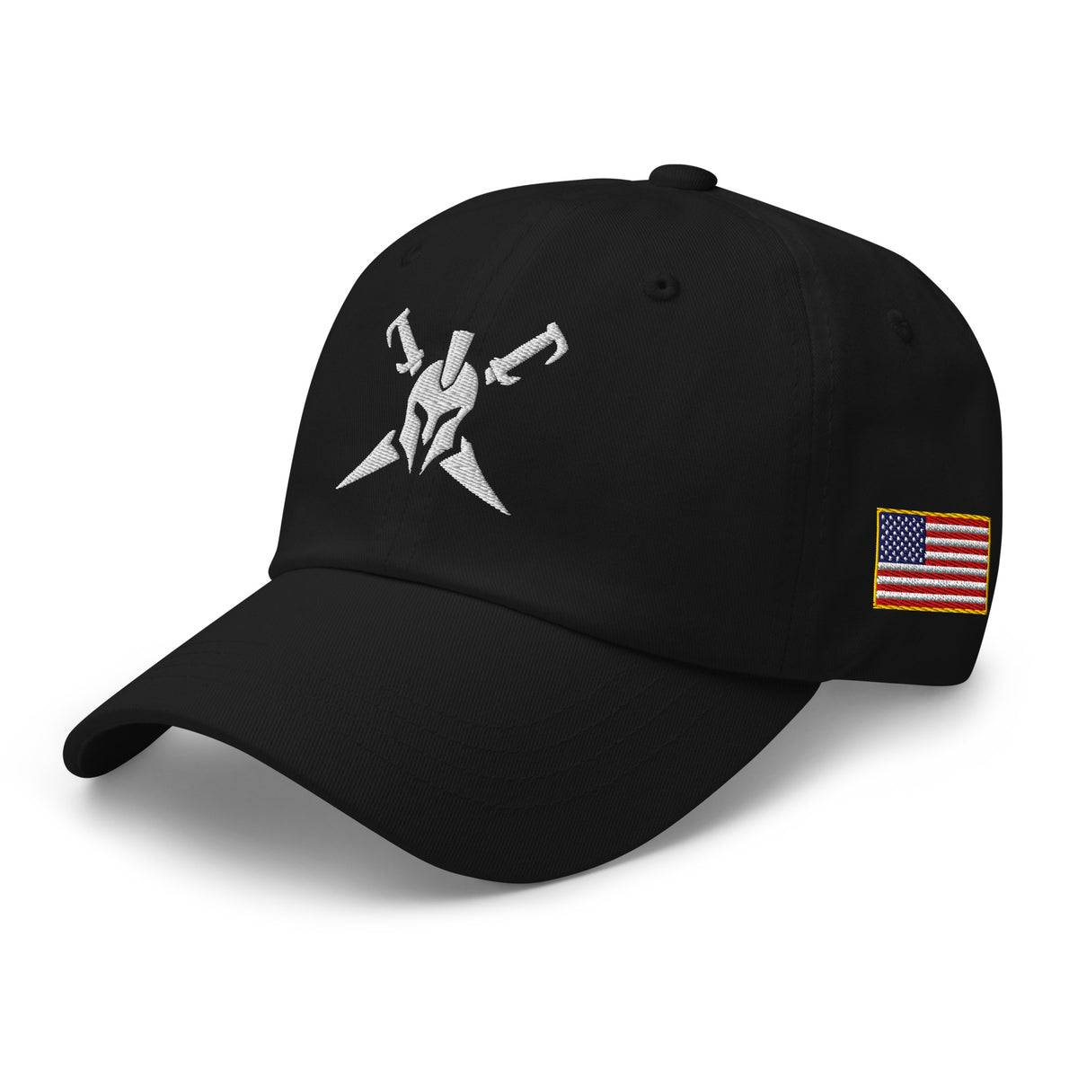 Black, dad hat, with embroidered Call to Arms, left front view