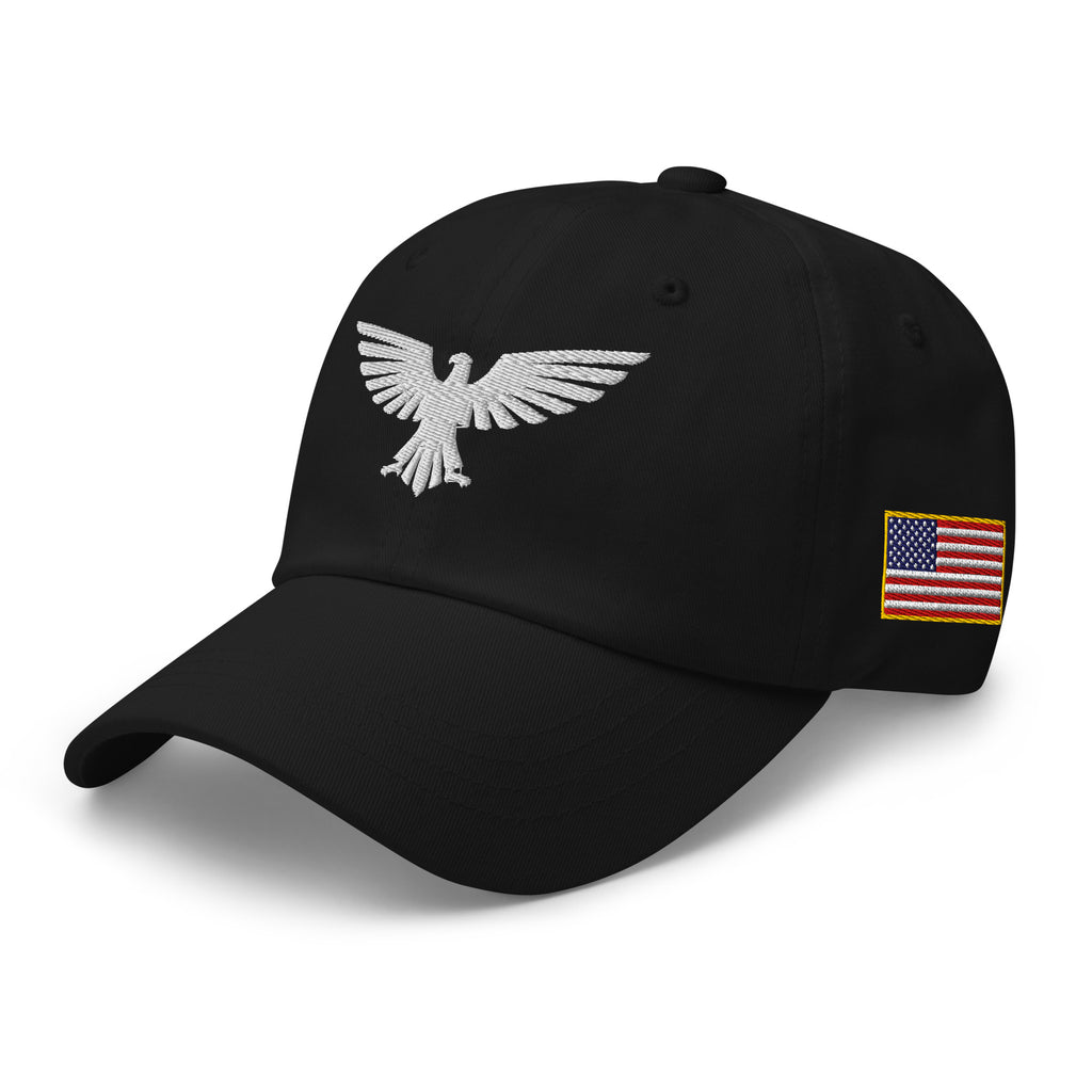 Black, dad hat, with embroidered patriotic eagle crest, left front view