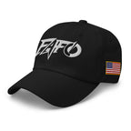 Black dad hat with embroidered FAFO Power design, left front view