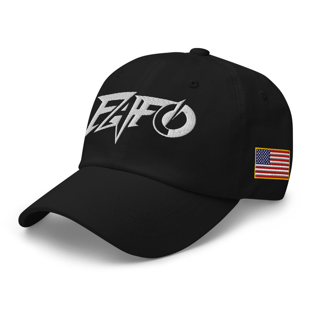 Black dad hat with embroidered FAFO Power design, left front view