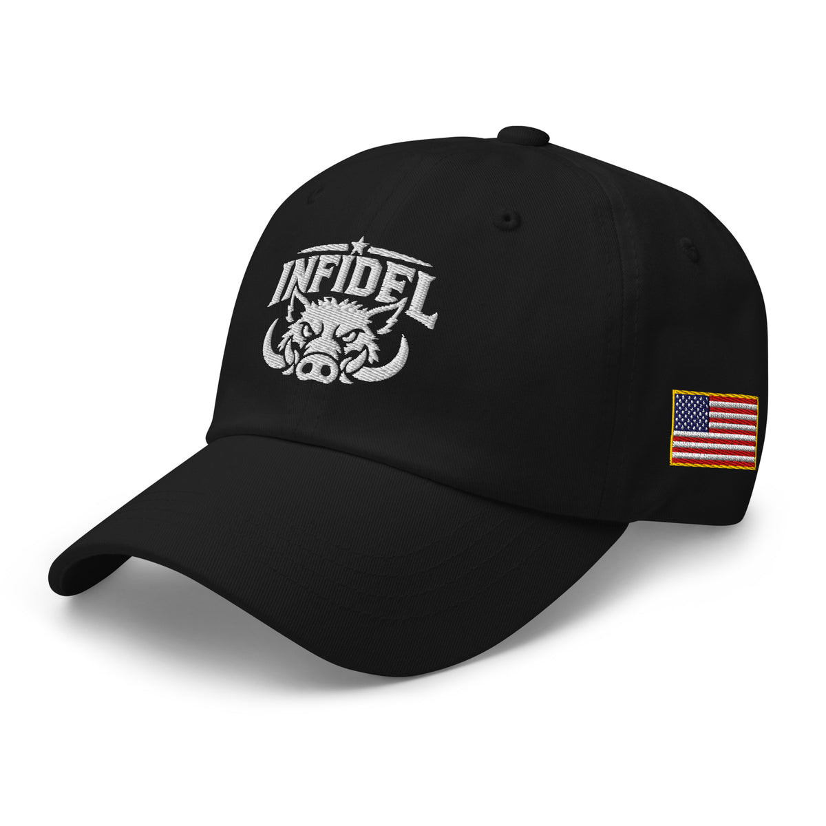 Black dad hat with embroidered INFIDEL War Pig design, left front view