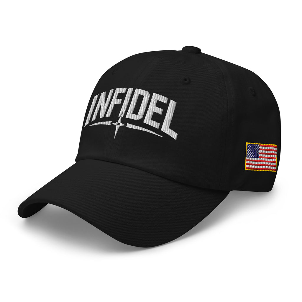 Black dad hat with embroidered Infidel Spike design, left front view