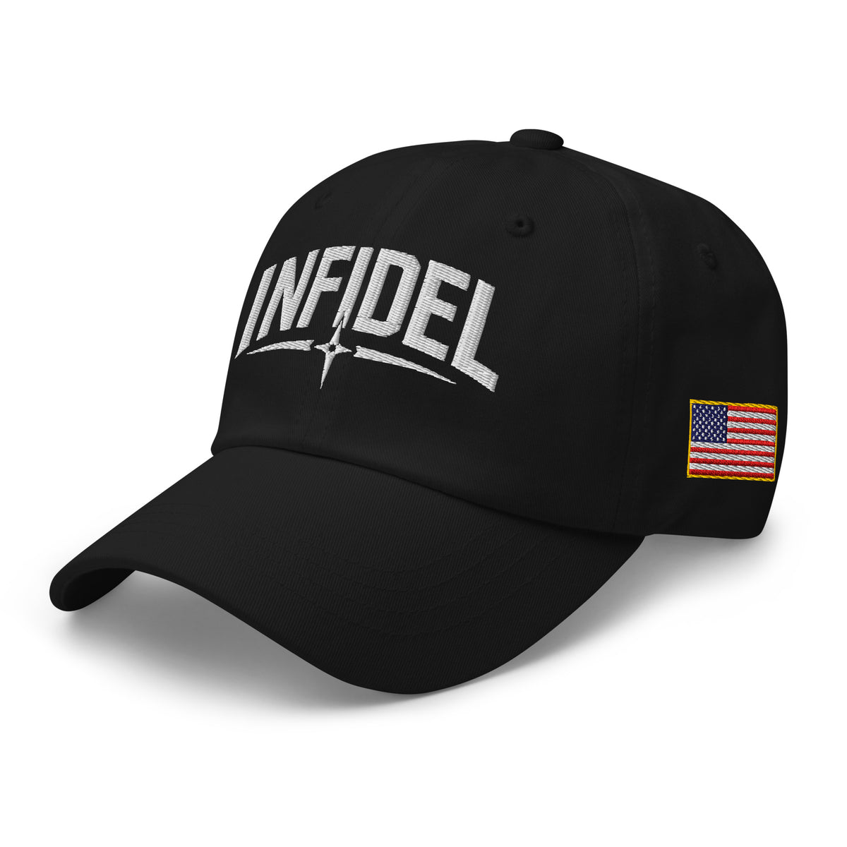 Black dad hat with embroidered Infidel Spike design, left front view