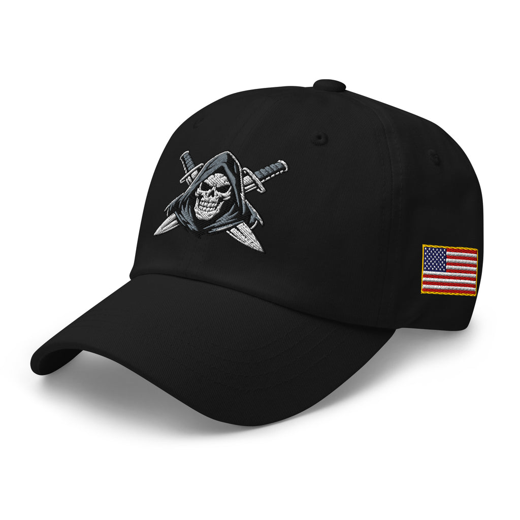 Black dad hat with embroidered Only Fear Infidel reaper design, left front view