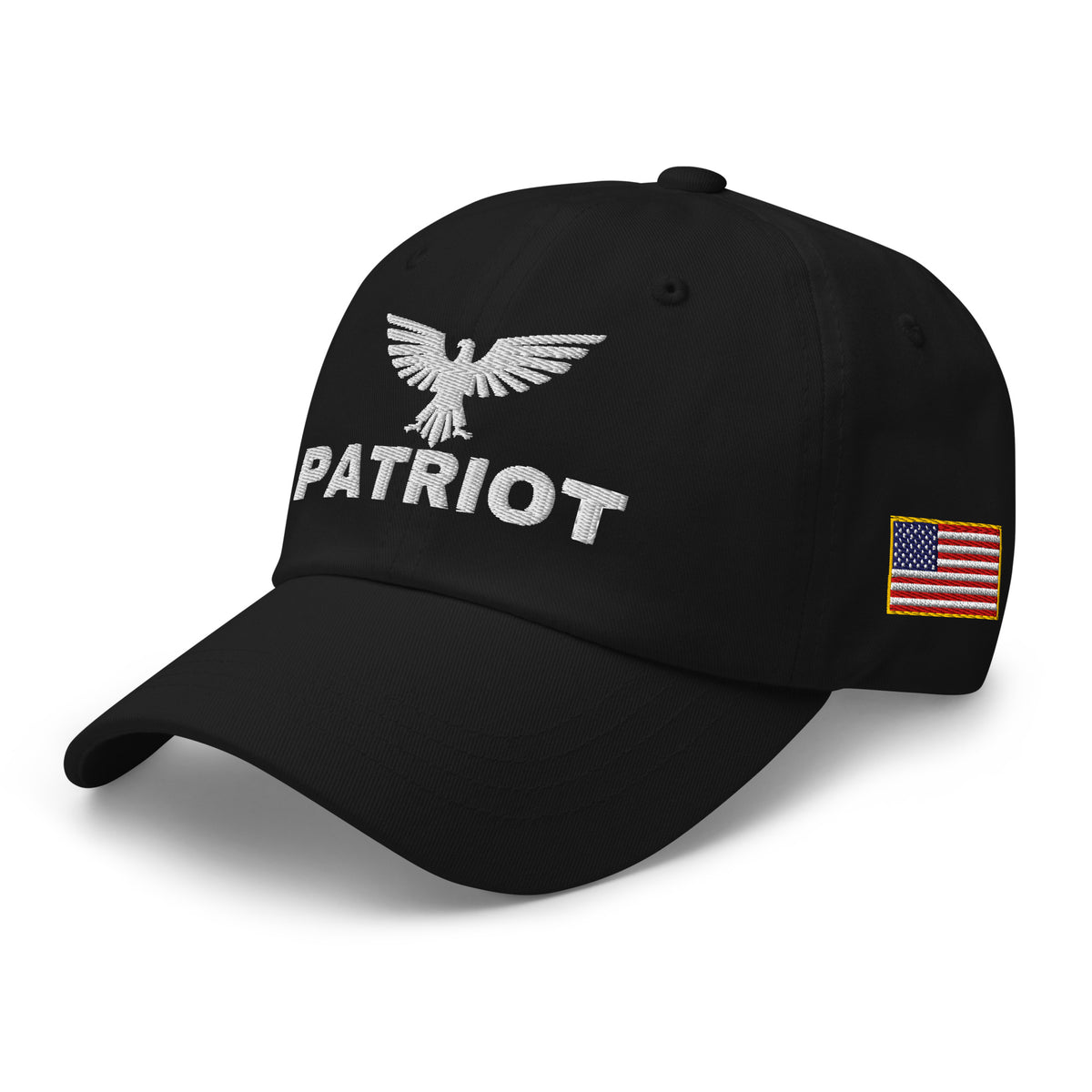 Black dad hat with embroidered Patriot Eagle design, left front view