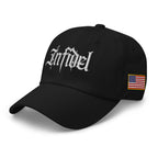Black dad hat with embroidered Infidel Script design, left front view