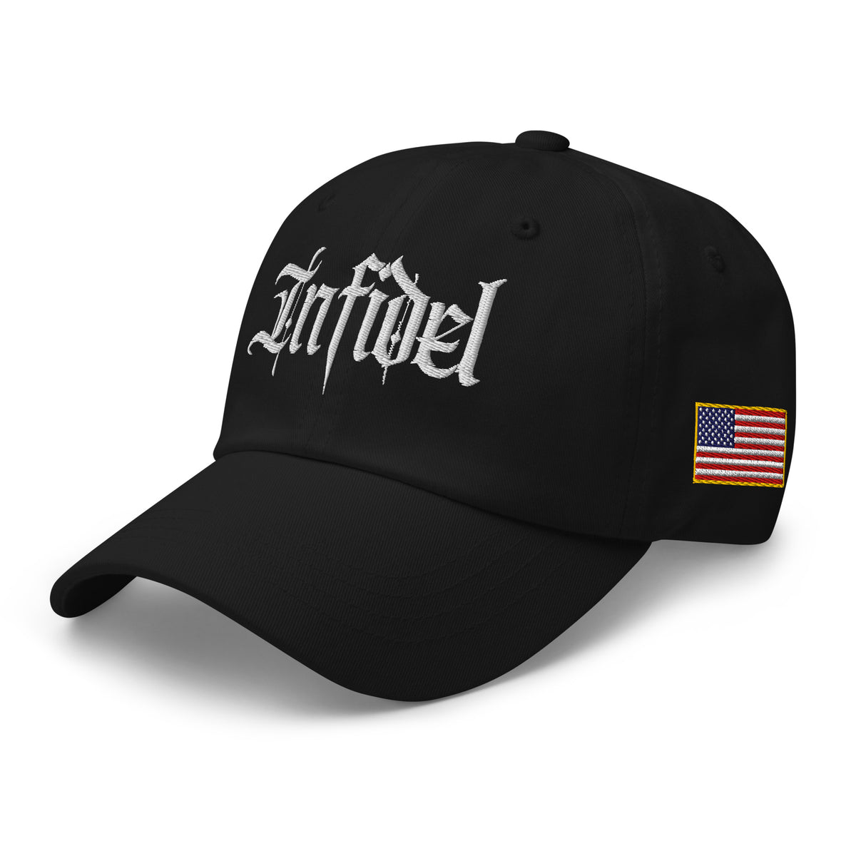 Black dad hat with embroidered Infidel Script design, left front view