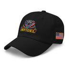 Black low-profile dad hat with embroidered INFIDEL USA Flag Cobra design, left front view