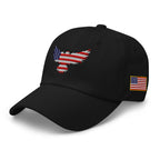 Black low-profile dad hat with embroidered Old Glory Eagle design, left front view