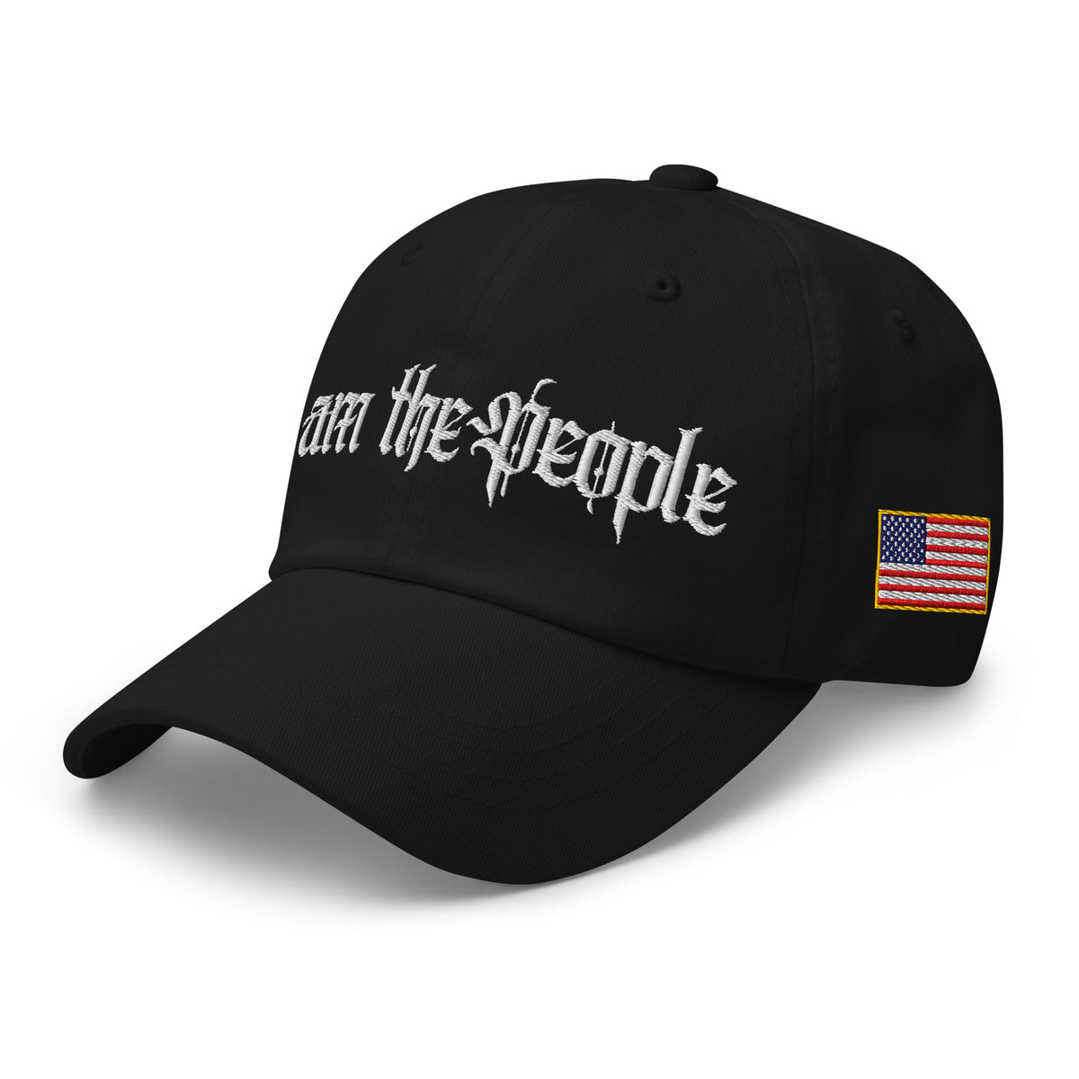 Black low-profile dad hat with embroidered I Am the People design, left front view