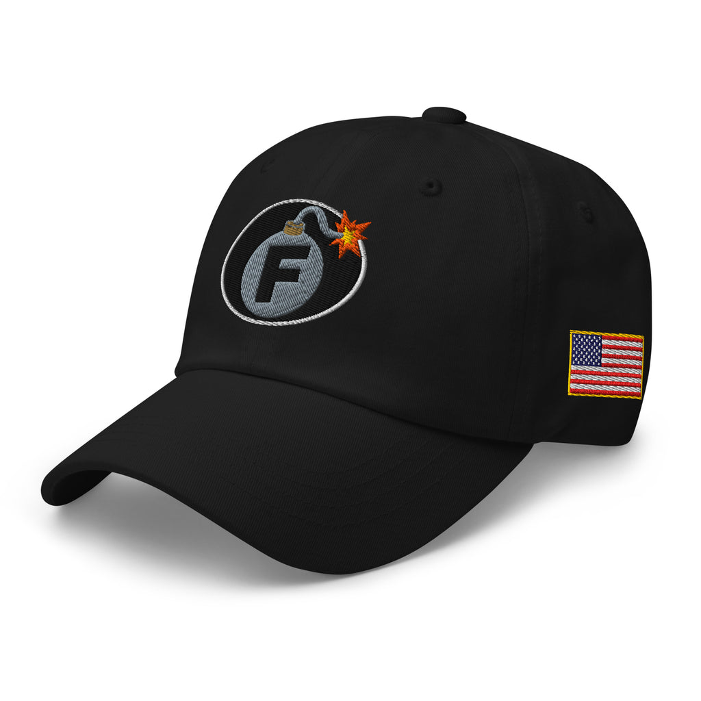 Black low-profile dad hat with embroidered F-Bomb design, left front view