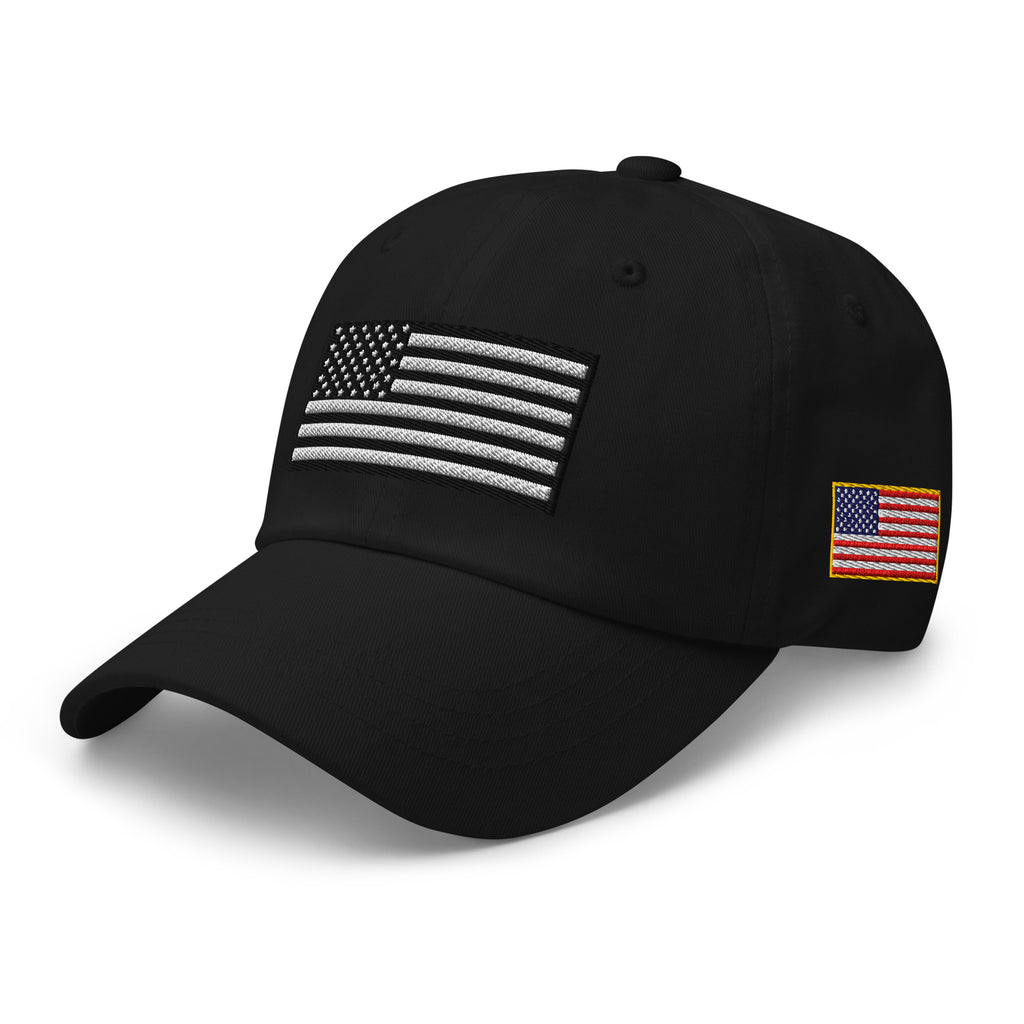 Black dad hat, left front view with Black and White American Flag embroidery