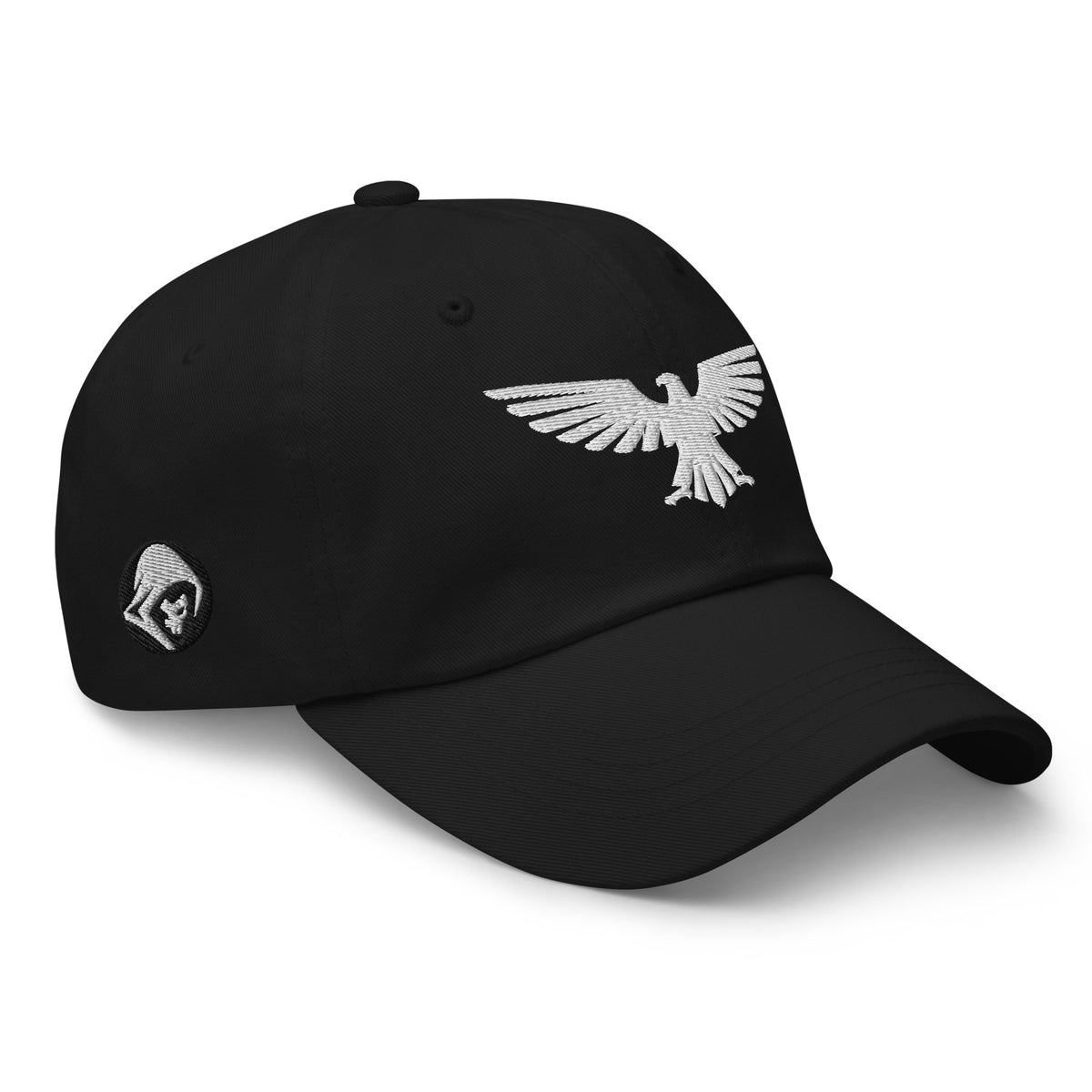 Black, dad hat, with embroidered patriotic eagle crest, right front view