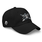 Black dad hat with embroidered Only Fear Infidel reaper design, right front view