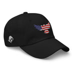 Black low-profile dad hat with embroidered Old Glory Eagle design, right front view
