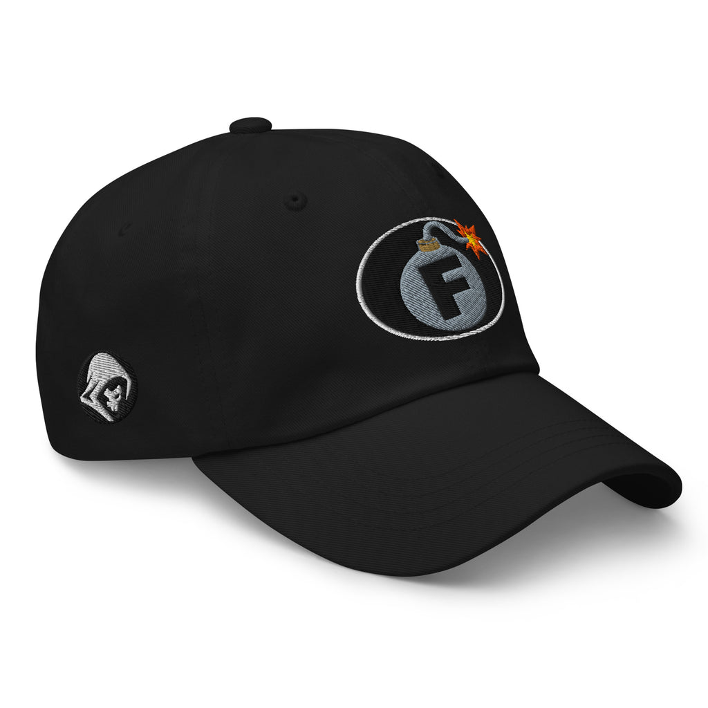 Black low-profile dad hat with embroidered F-Bomb design, right front view