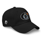 Black low-profile dad hat with embroidered F-Bomb design, right front view