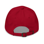 Cranberry, dad hat, with embroidered Call to Arms, back view
