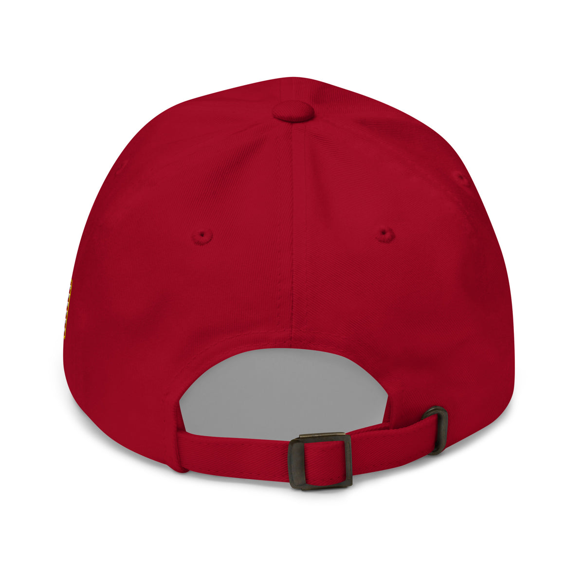 Cranberry, dad hat, with embroidered Call to Arms, back view