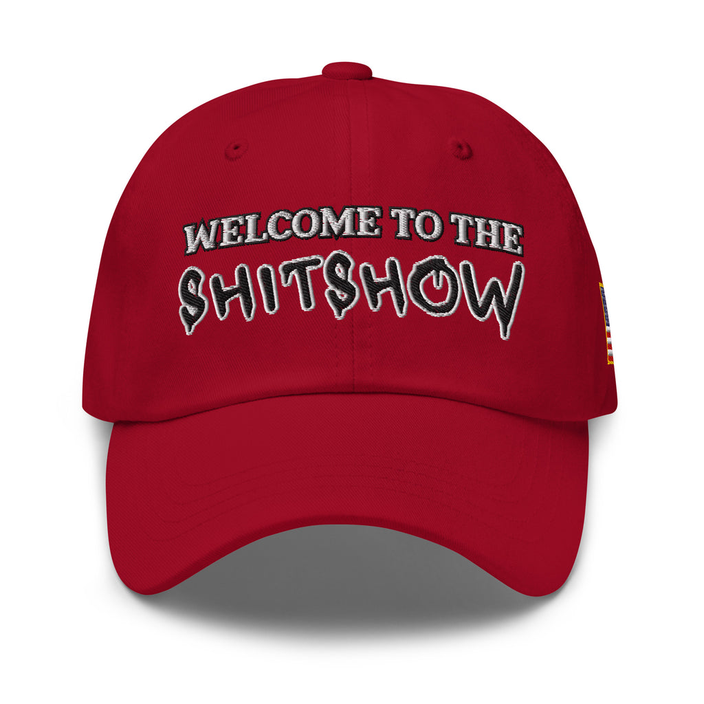 Welcome To The Shitshow Dad hat in Cranberry, front view