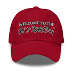 Welcome To The Shitshow Dad hat in Cranberry, front view