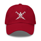 Cranberry, dad hat, with embroidered Call to Arms, front view