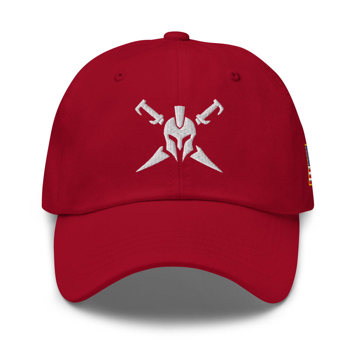 Cranberry, dad hat, with embroidered Call to Arms, front view
