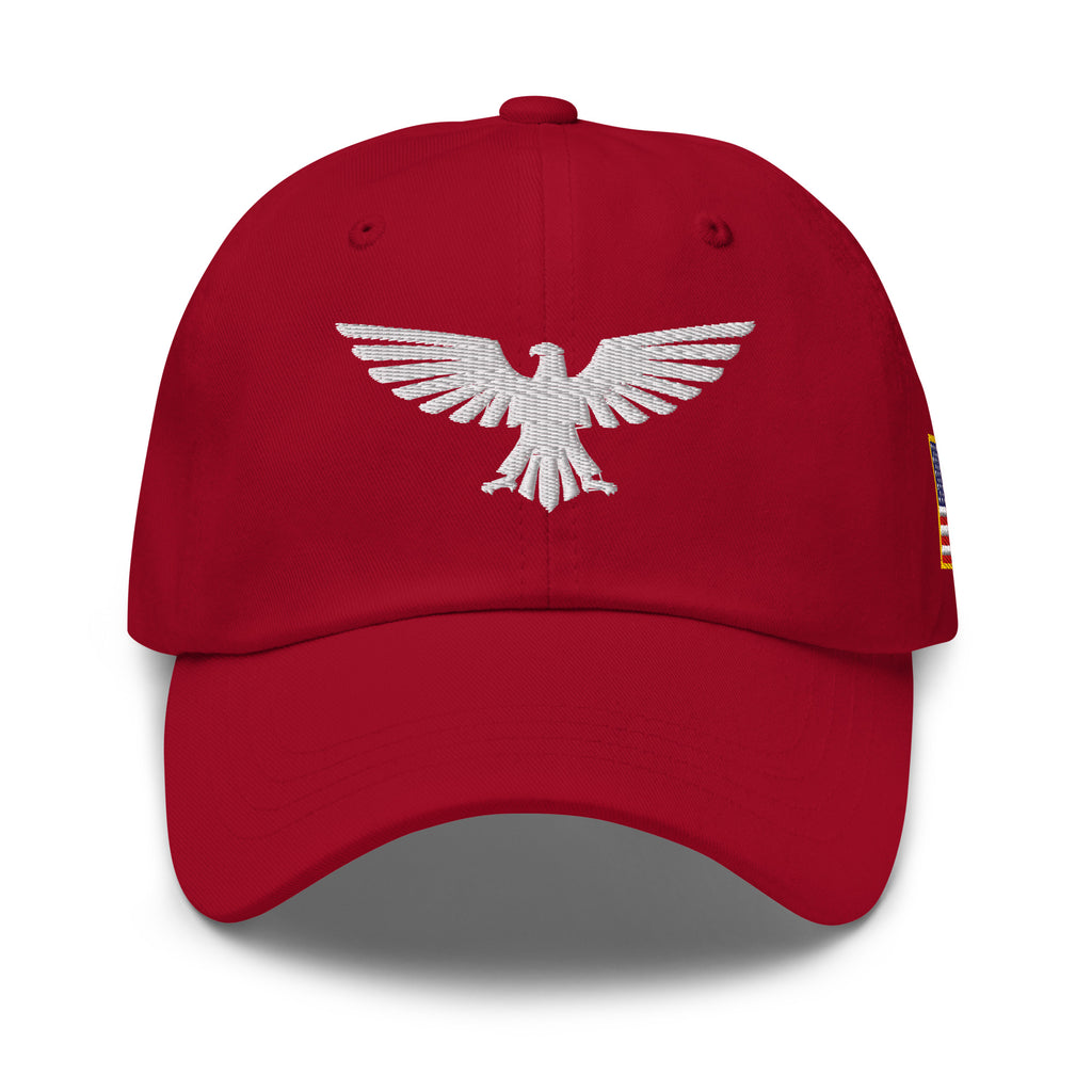 Cranberry, dad hat, with embroidered patriotic eagle crest, front view