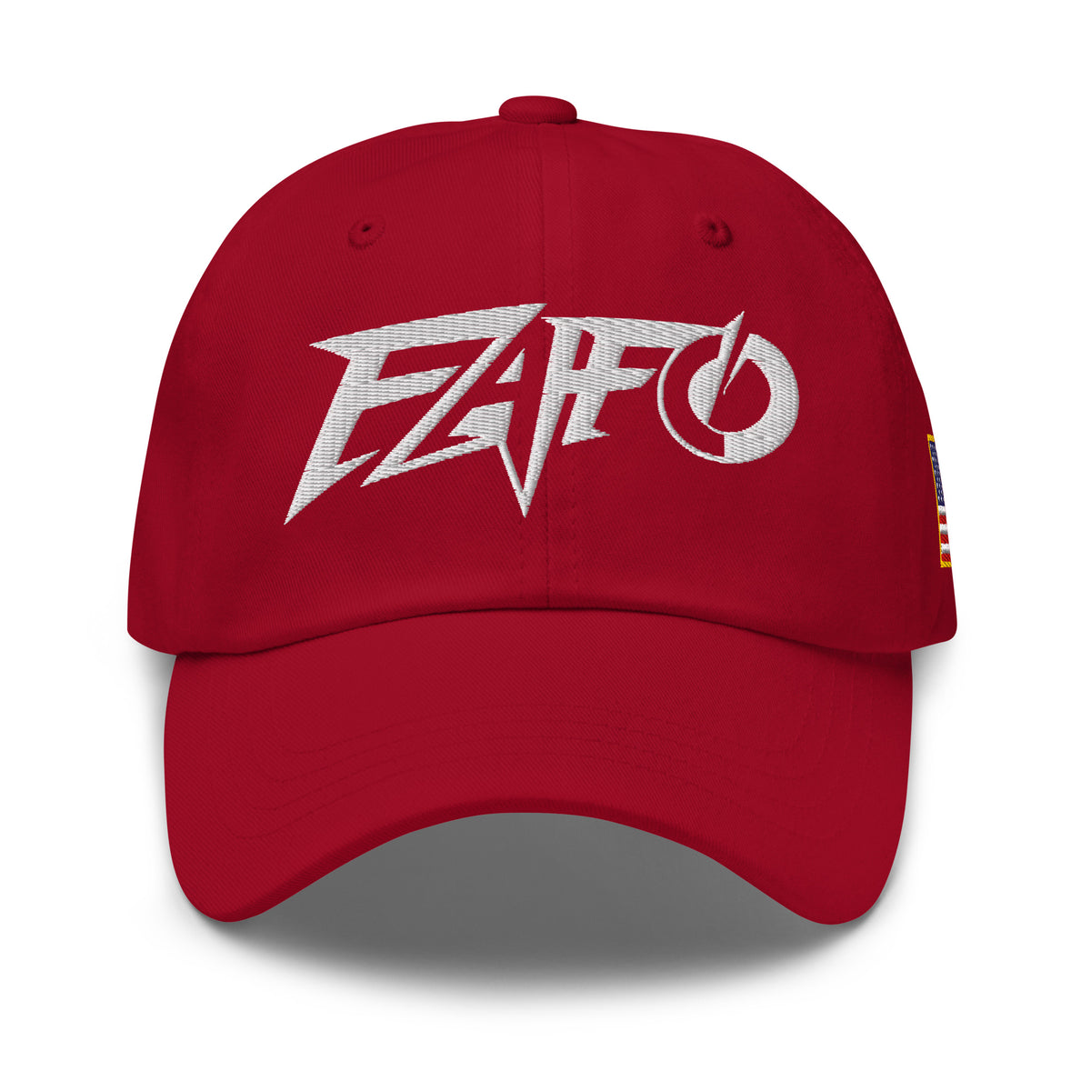Cranberry dad hat with embroidered FAFO Power design, front view