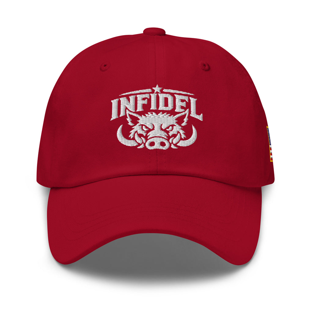 Cranberry dad hat with embroidered INFIDEL War Pig design, front view