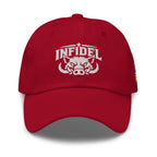 Cranberry dad hat with embroidered INFIDEL War Pig design, front view