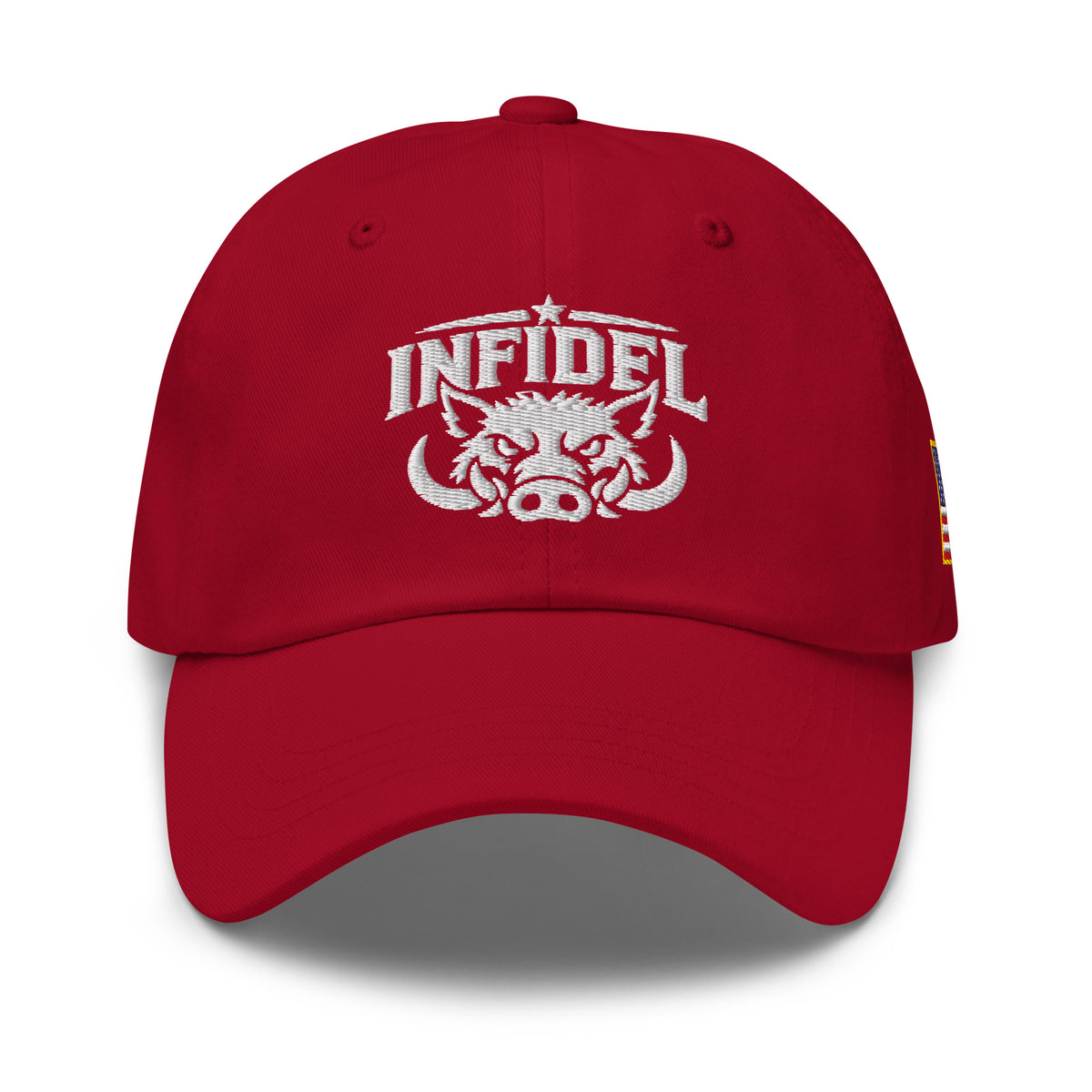 Cranberry dad hat with embroidered INFIDEL War Pig design, front view