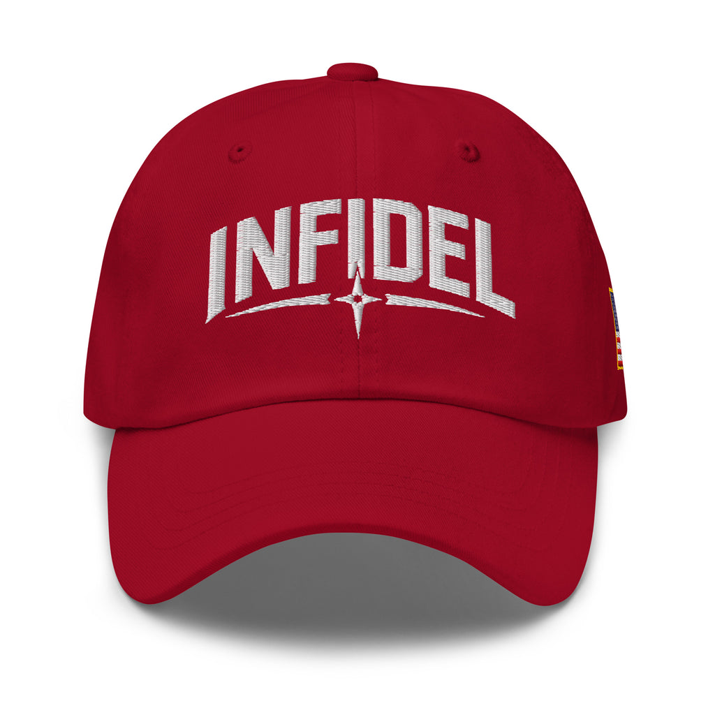 Cranberry dad hat with embroidered Infidel Spike design, front view