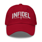 Cranberry dad hat with embroidered Infidel Spike design, front view