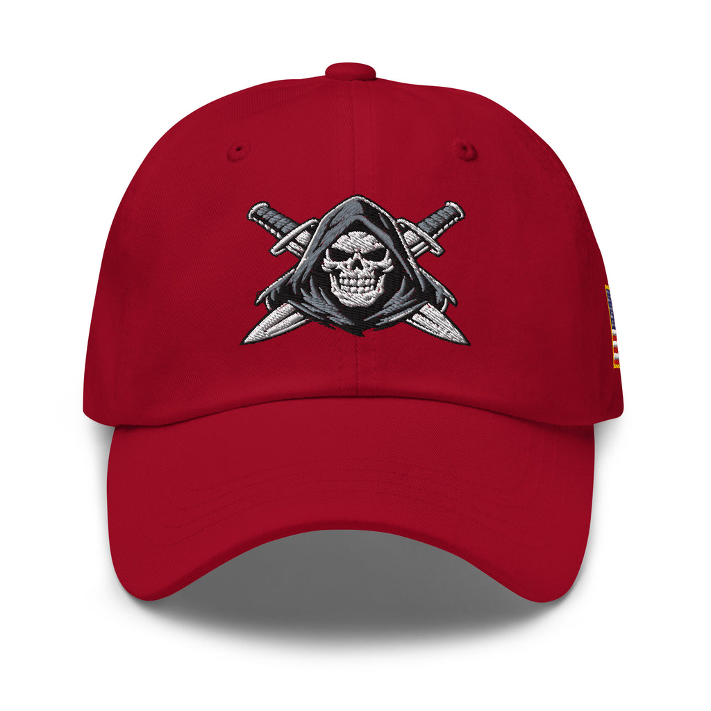 Cranberry dad hat with embroidered Only Fear Infidel reaper design, front view