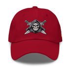 Cranberry dad hat with embroidered Only Fear Infidel reaper design, front view