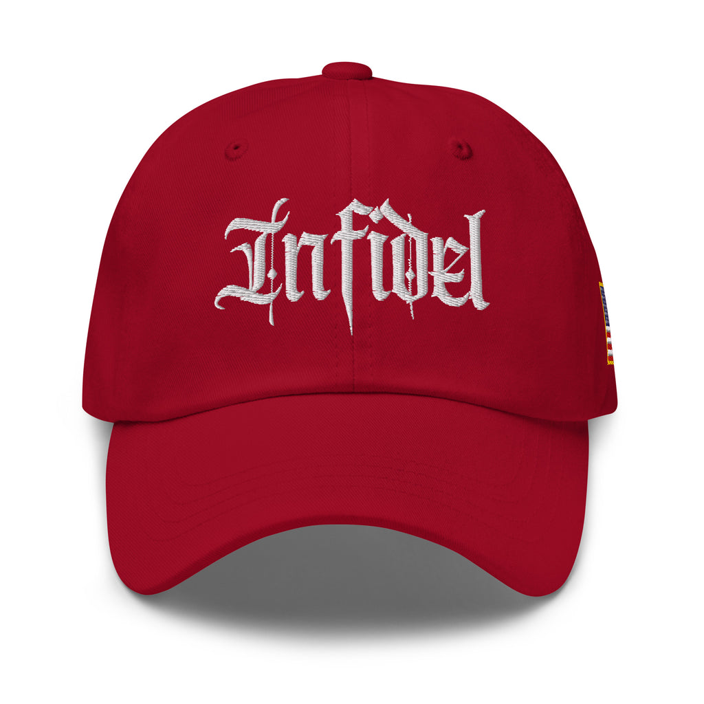 Cranberry dad hat with embroidered Infidel Script design, front view