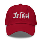 Cranberry dad hat with embroidered Infidel Script design, front view