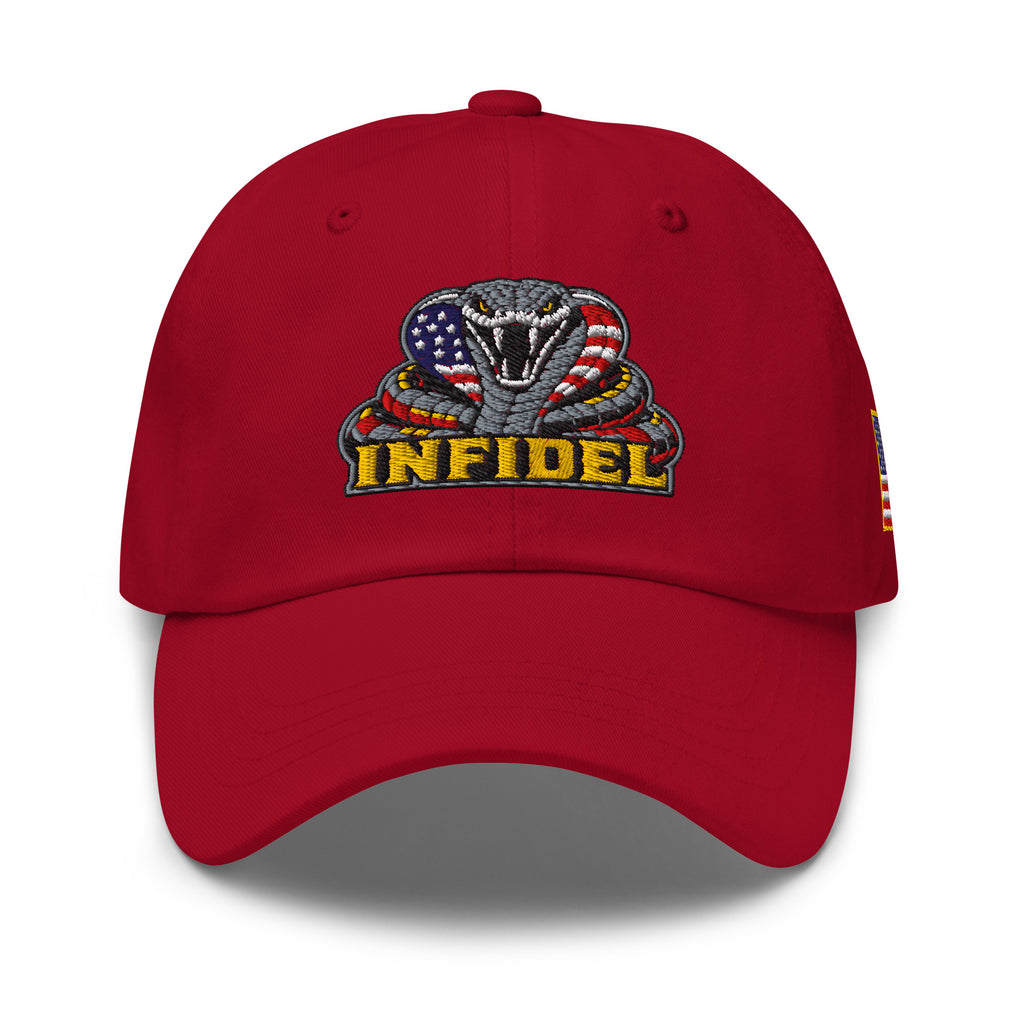 Red low-profile dad hat with embroidered INFIDEL USA Flag Cobra front design, front view
