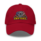 Red low-profile dad hat with embroidered INFIDEL USA Flag Cobra front design, front view