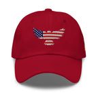 Red low-profile dad hat with embroidered Old Glory Eagle front design, front view
