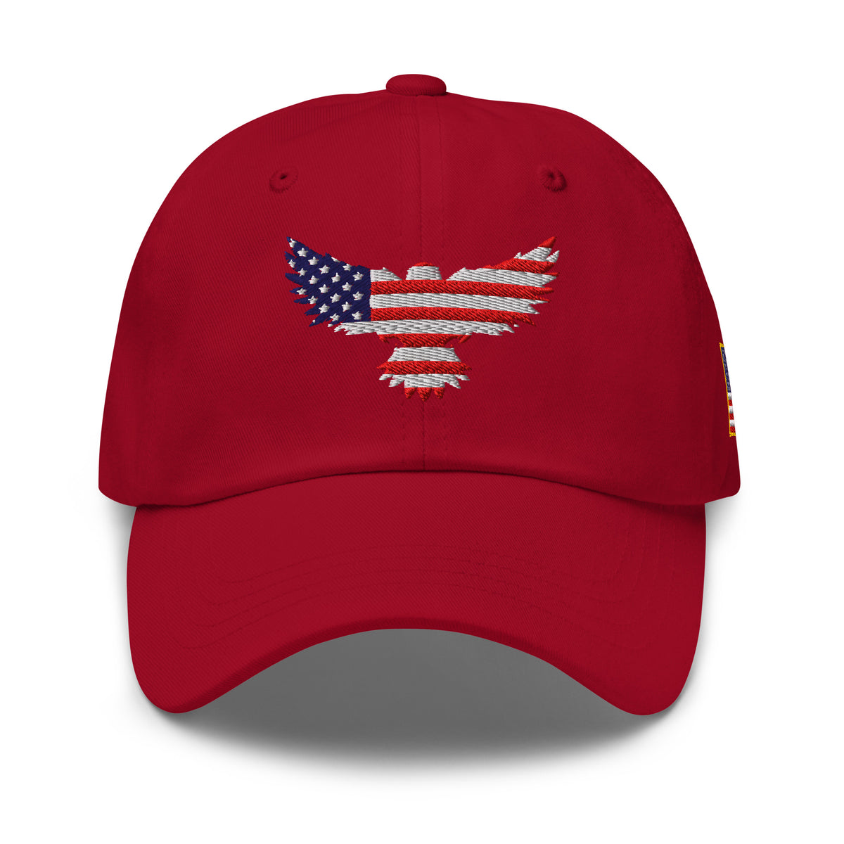 Red low-profile dad hat with embroidered Old Glory Eagle front design, front view