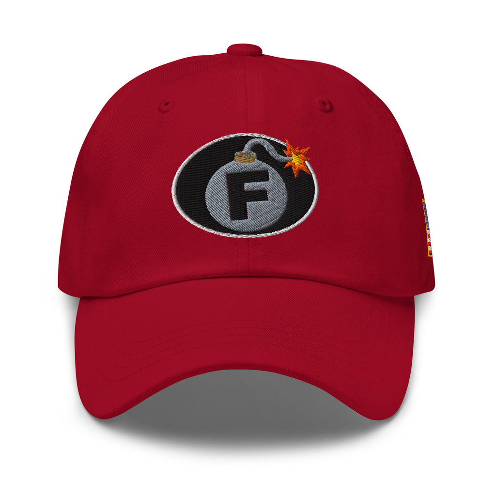Red low-profile dad hat with embroidered F-Bomb front design, front view